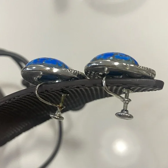 1950s Vintage STAR ( Staret) signed Round Blue Silver Tone Earrings Screwback - Picture 5 of 6
